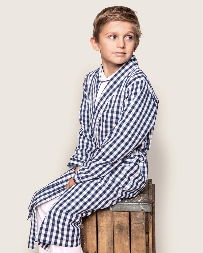 Kid's Twill Robe in Navy Gingham